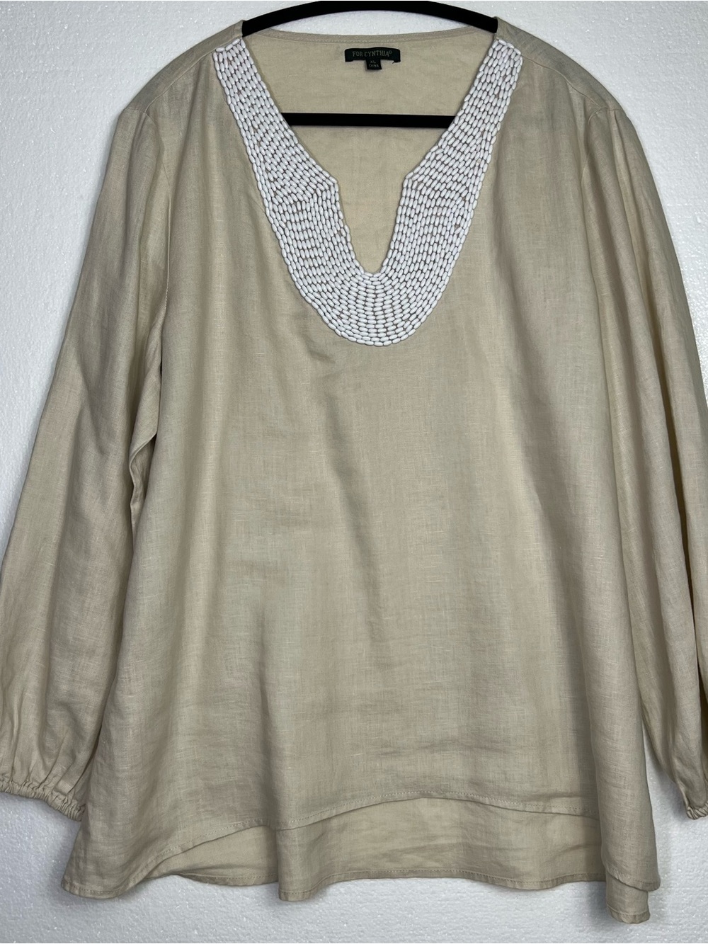 For Cynthia ivory linen beaded notched neck blouse size XL